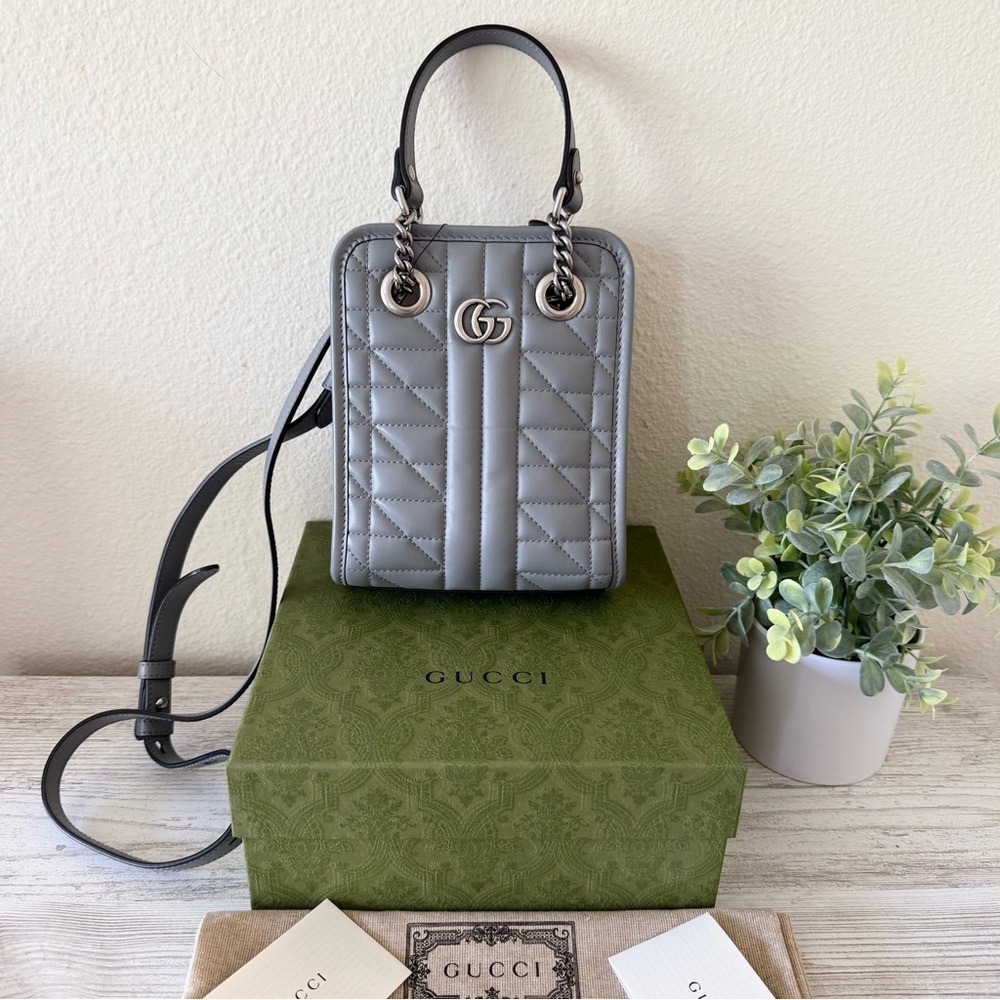 New Gucci Marmont GG Gray Leather Crossbody Shoulder small tote bag - Picture 3 of 14